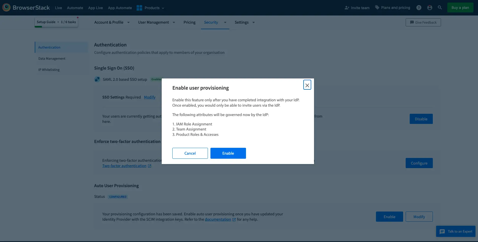 Enable user provisioning dialog listing the attributes governed by your IdP