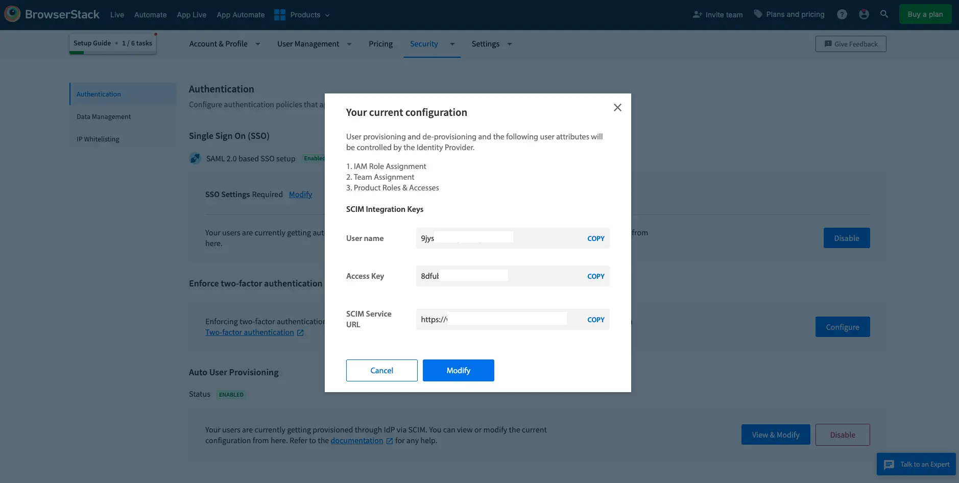 Your current configuration dialog showing the governed attributes and SCIM integration keys