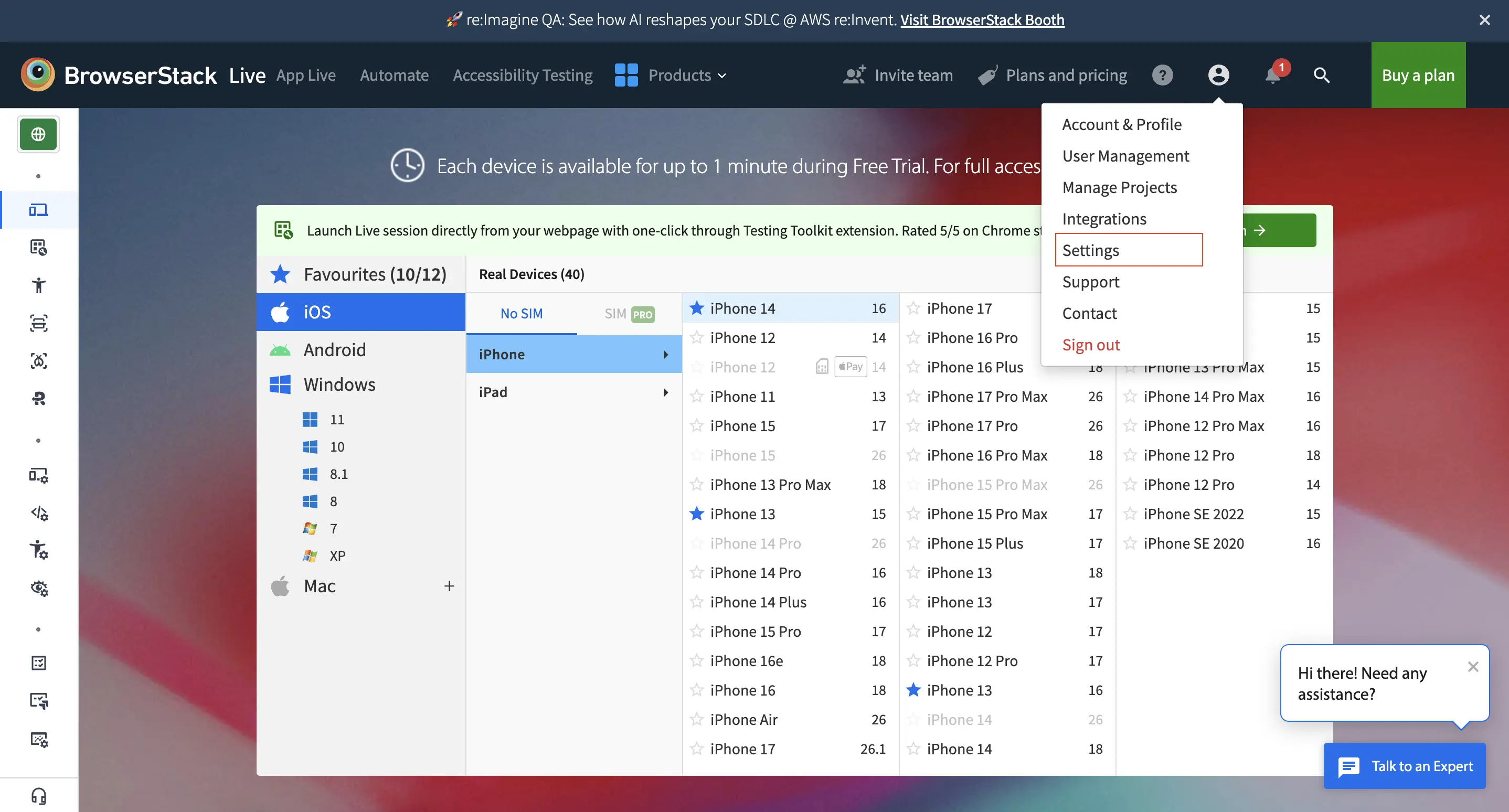 Select Settings in the BrowserStack dashboard