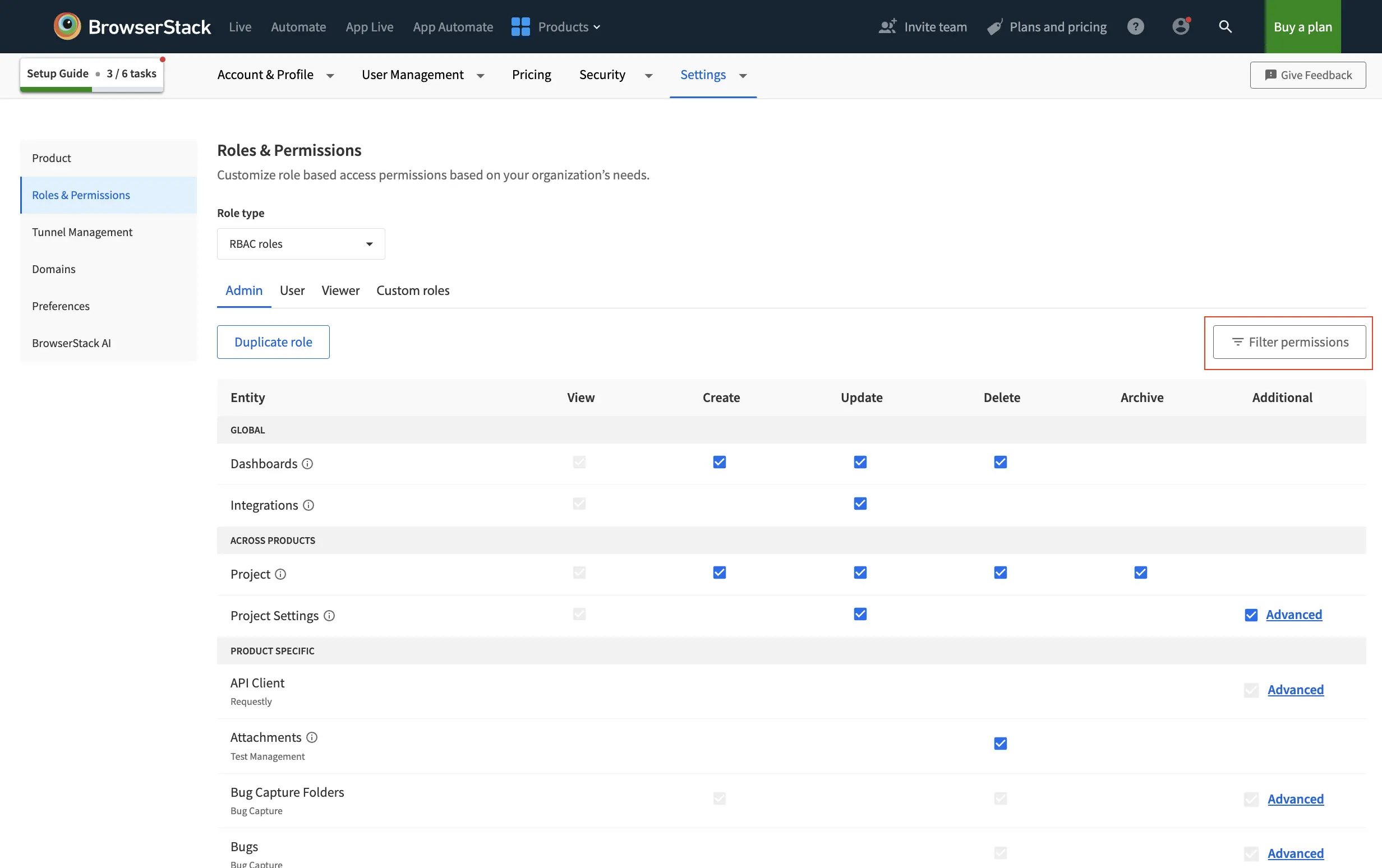 Filter entities and products to create or modify custom roles