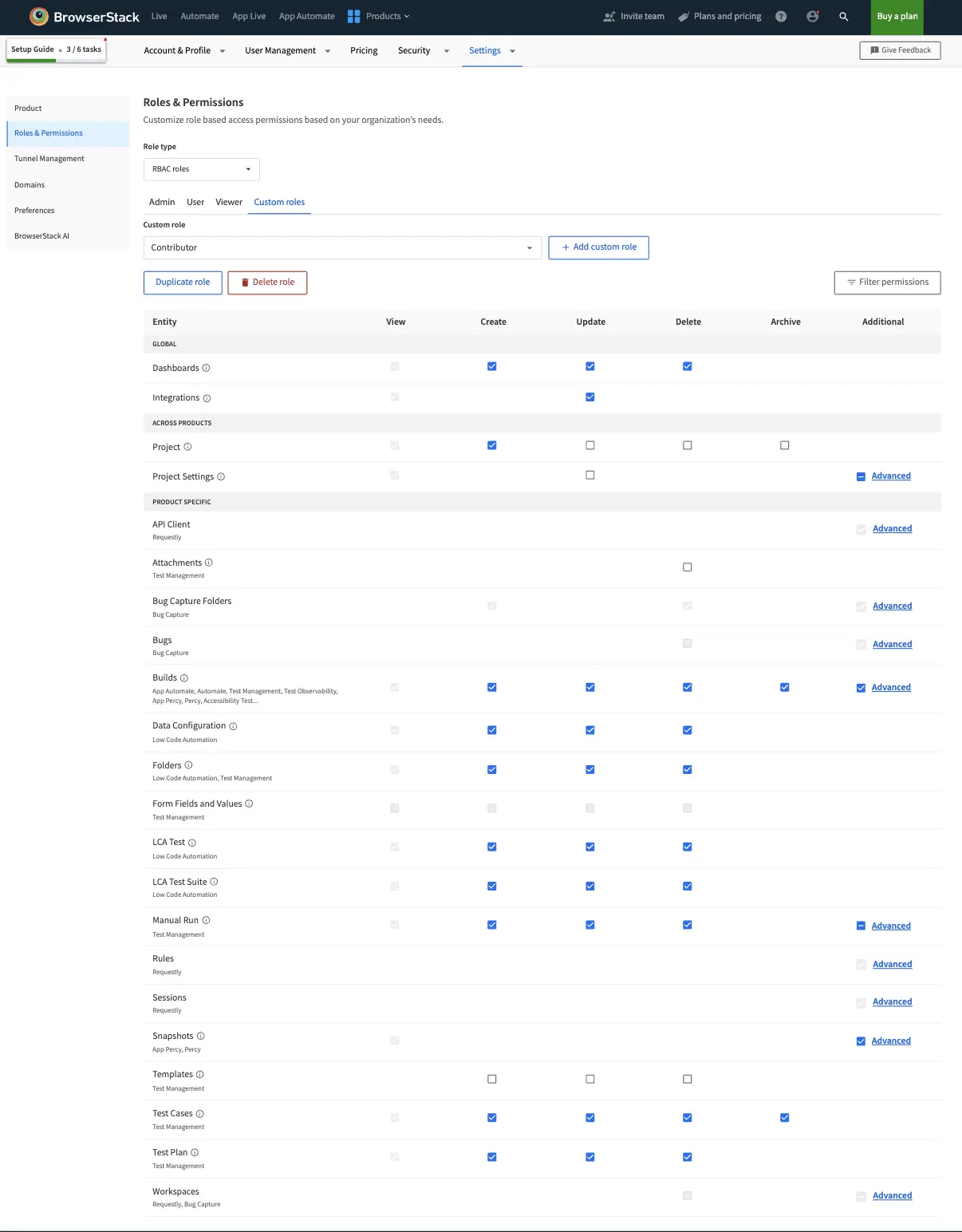 Screenshot showing the new custom role with detailed permissions for each entity and product listed