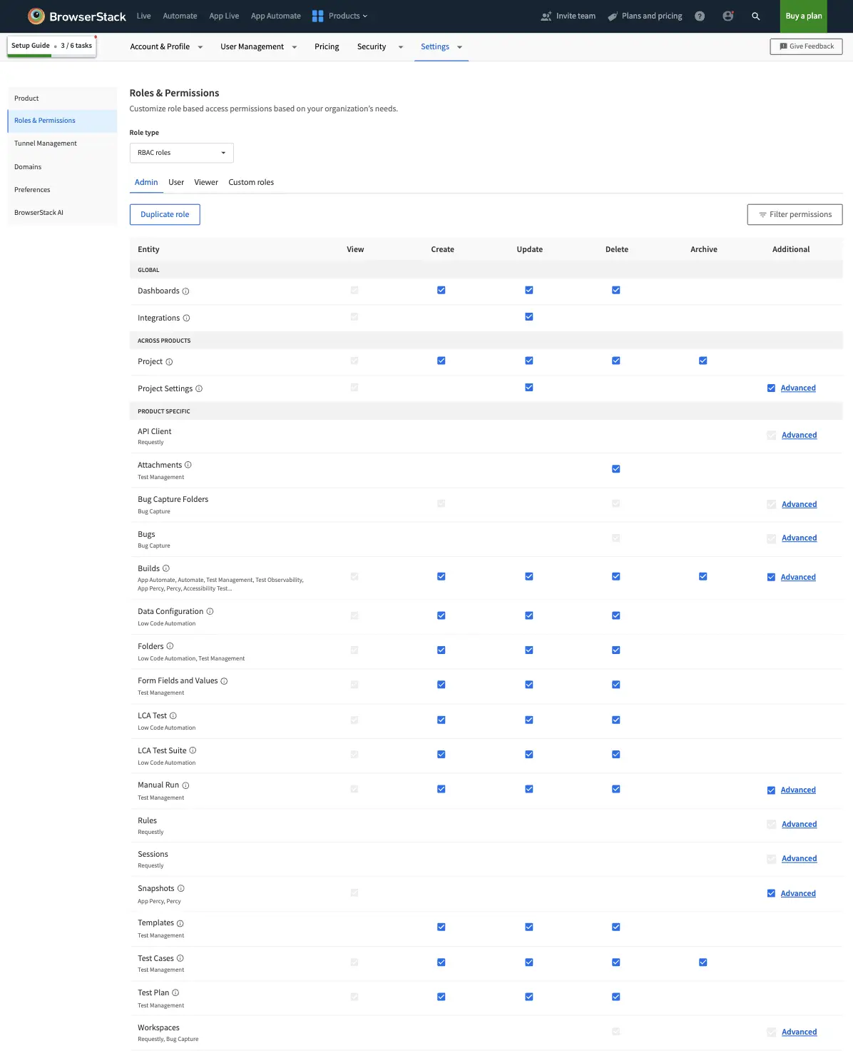View default permissions for Admin, User, Viewer or Custom roles