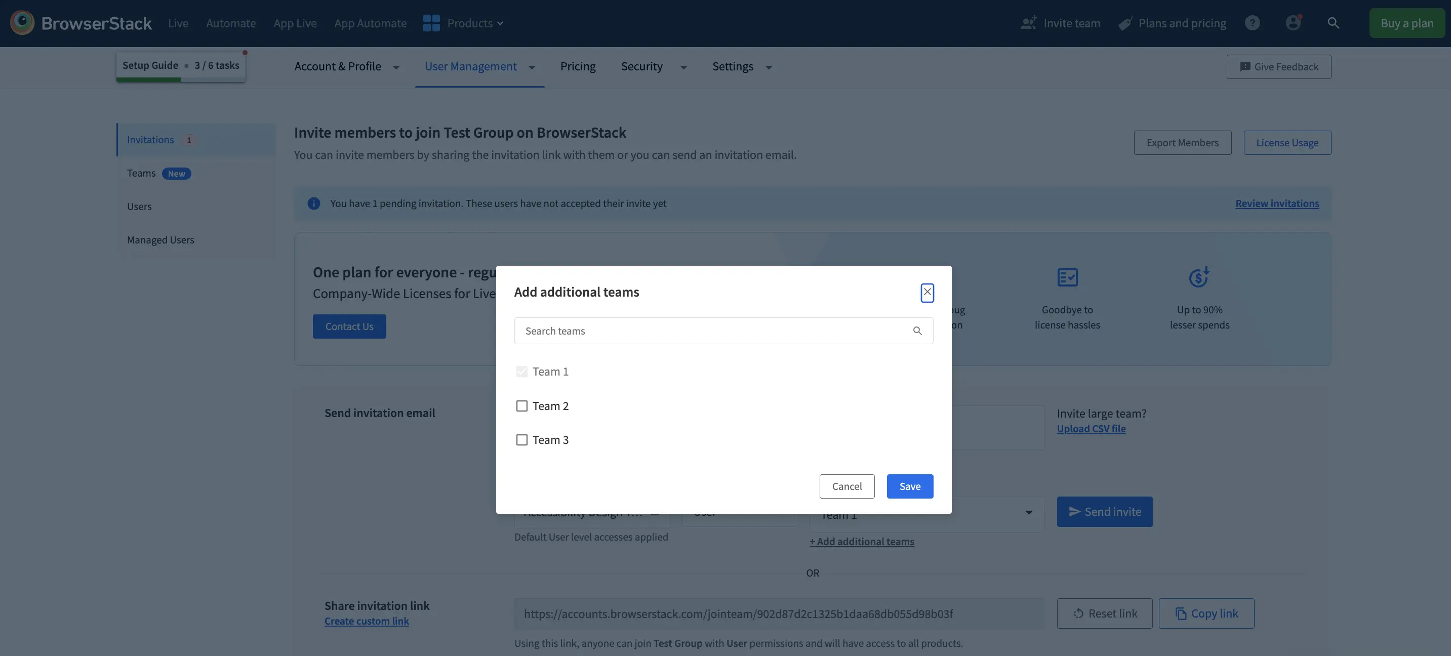 Dropdown for selecting additional teams in BrowserStack, showing a list of available teams to assign to a user.