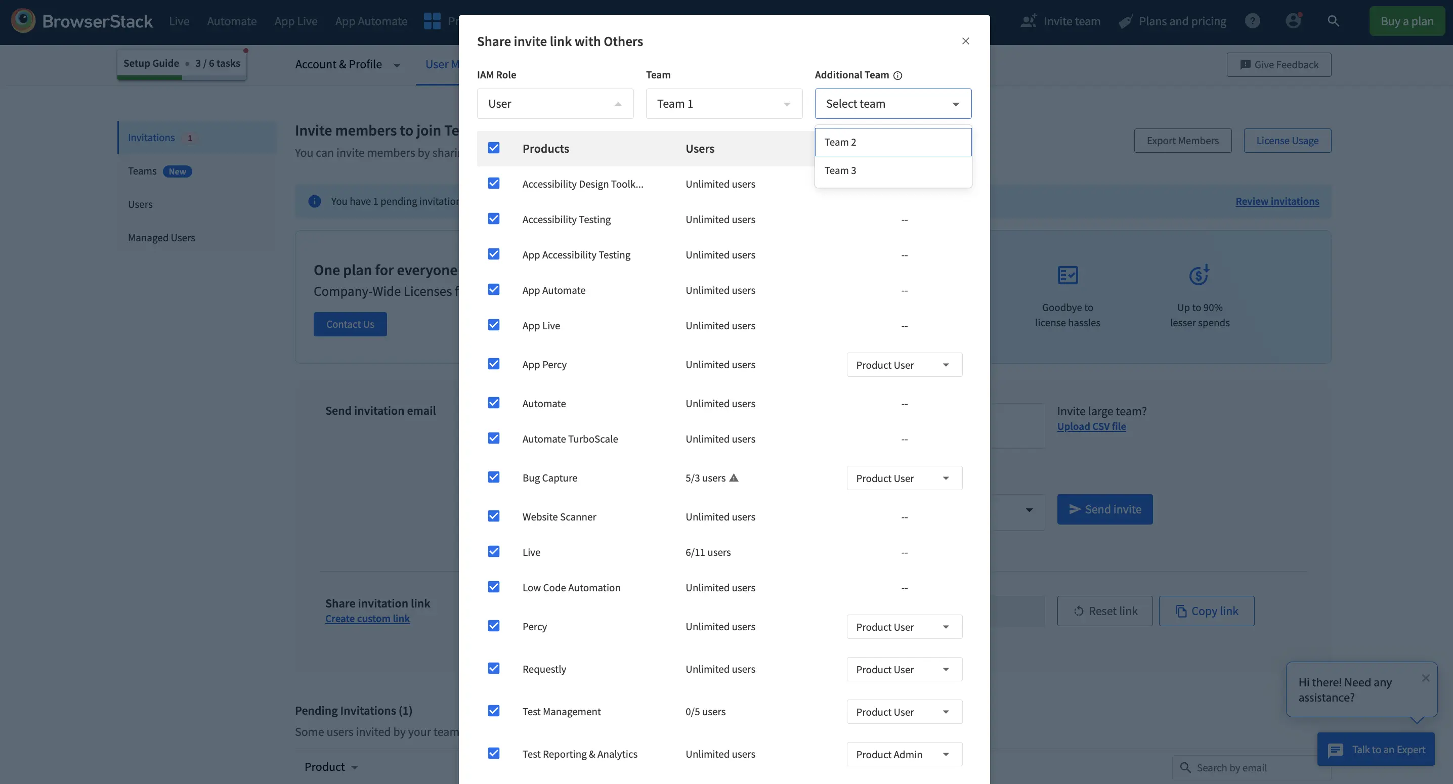 Assign teams in the Share invite link dialog.