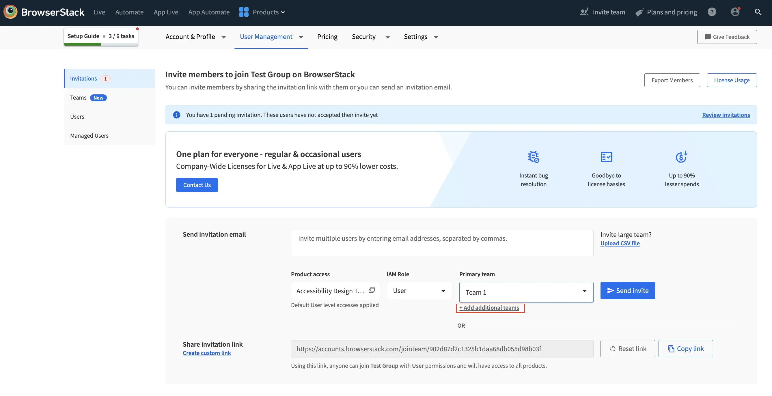 The + Add additional teams link showing options to assign users to more than one team in BrowserStack.