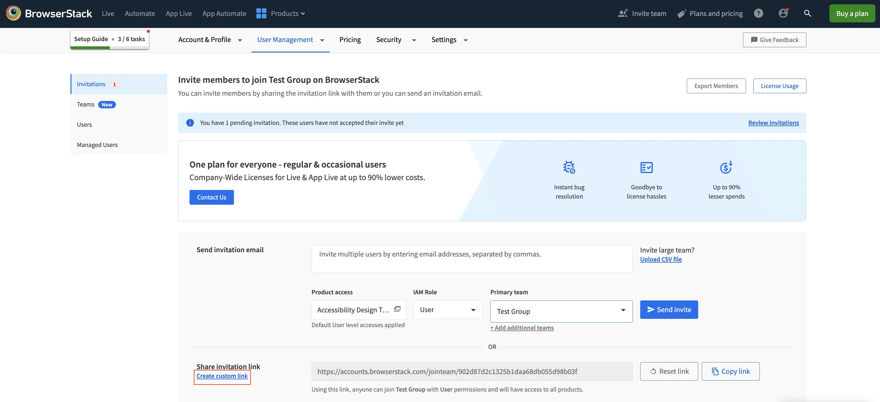 Share invite link button on BrowserStack User Management