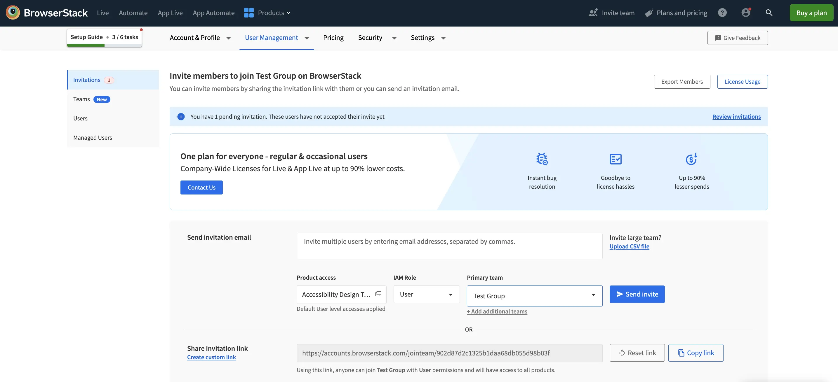 Invite users dialog showing fields for entering email addresses, selecting product access, and assigning IAM roles in BrowserStack.