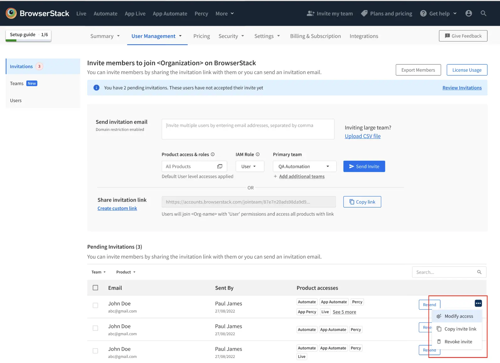 Pending invitations table with three-dot menu highlighted for modifying access. The menu options include Modify access, Copy invite link, and Revoke invite.