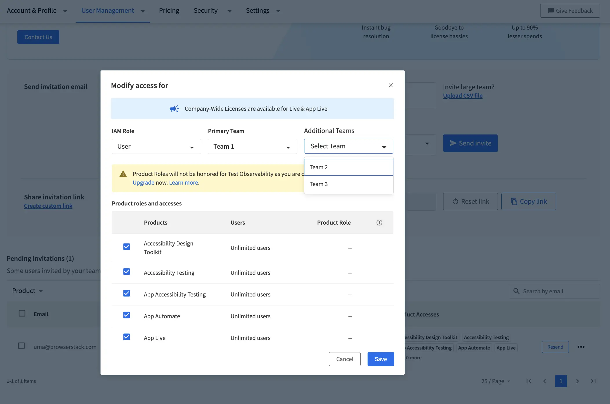 Modify access dialog showing IAM role, primary team dropdown, additional teams selection, and product access options.