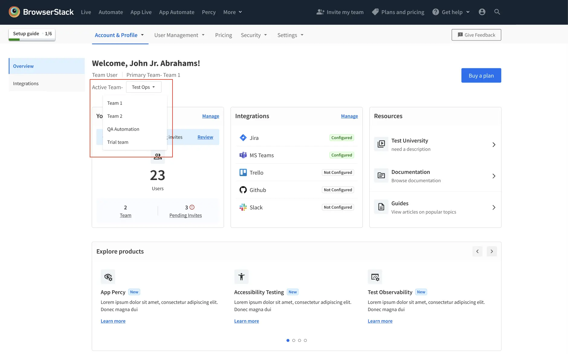 Active Team dropdown showing a list of available teams for selection in BrowserStack dashboard.
