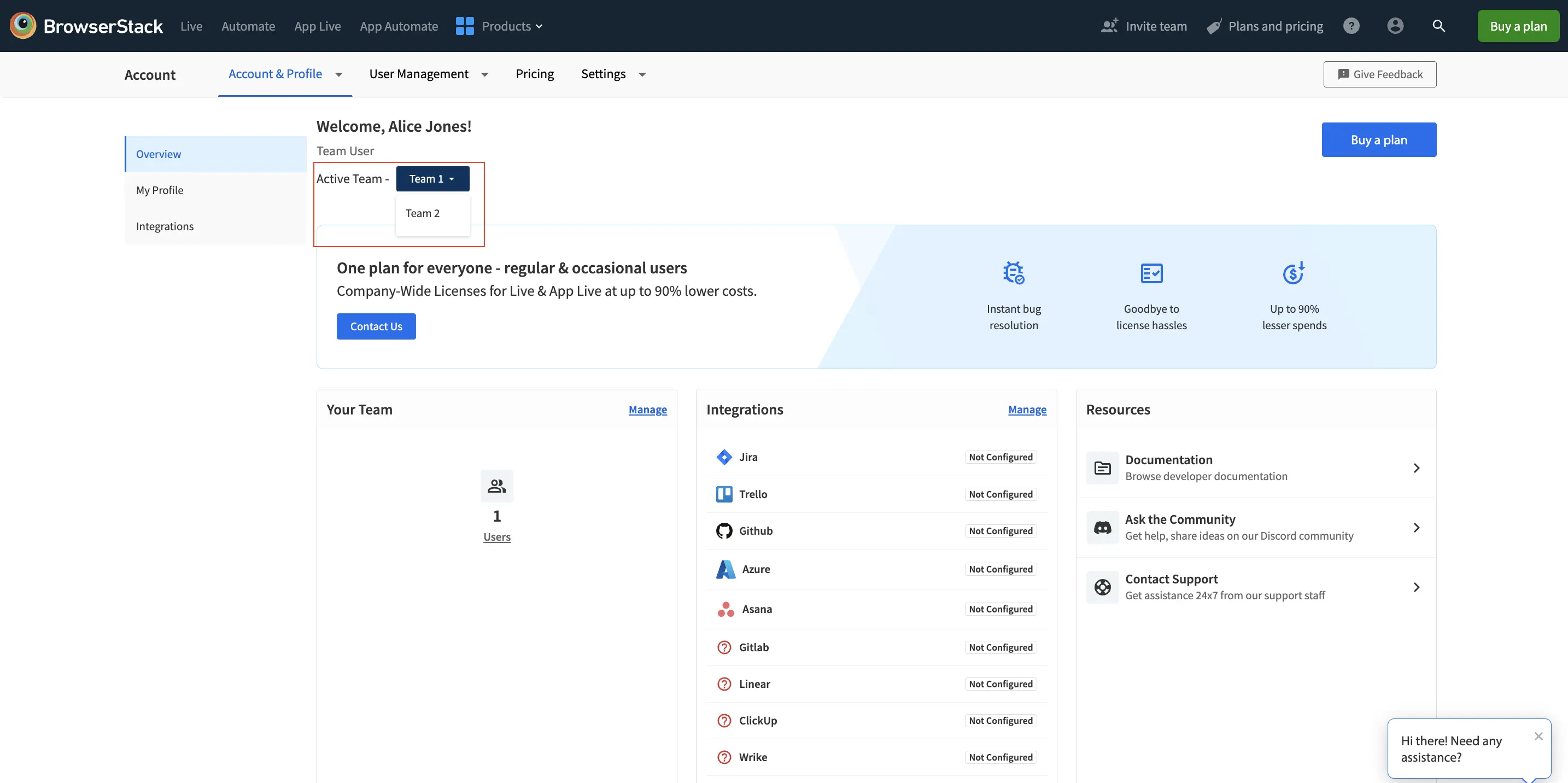 Active Team dropdown showing a list of available teams for selection in BrowserStack dashboard.