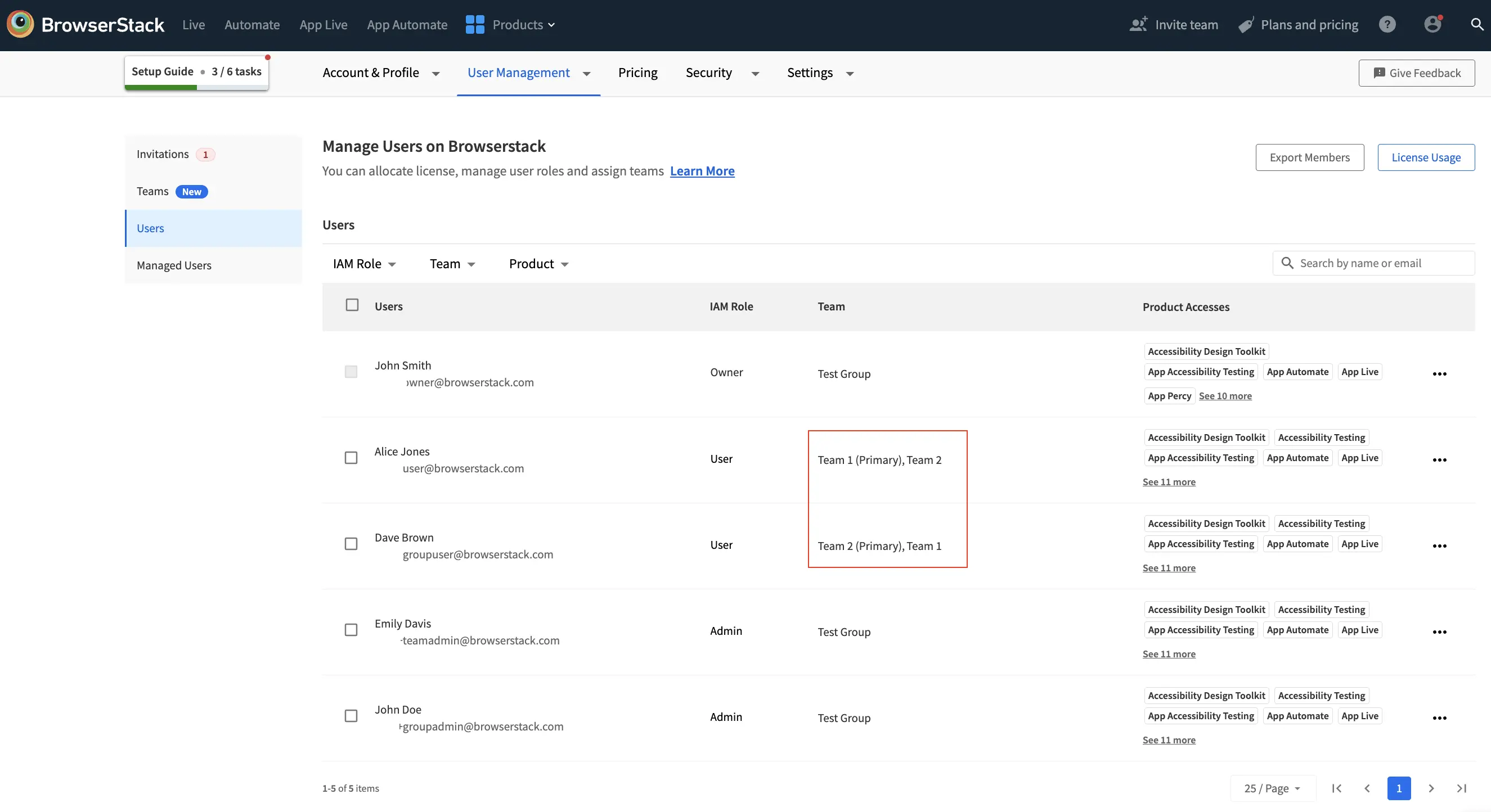 Users table showing email, IAM role, assigned teams (primary and additional), and product accesses for each user in BrowserStack.