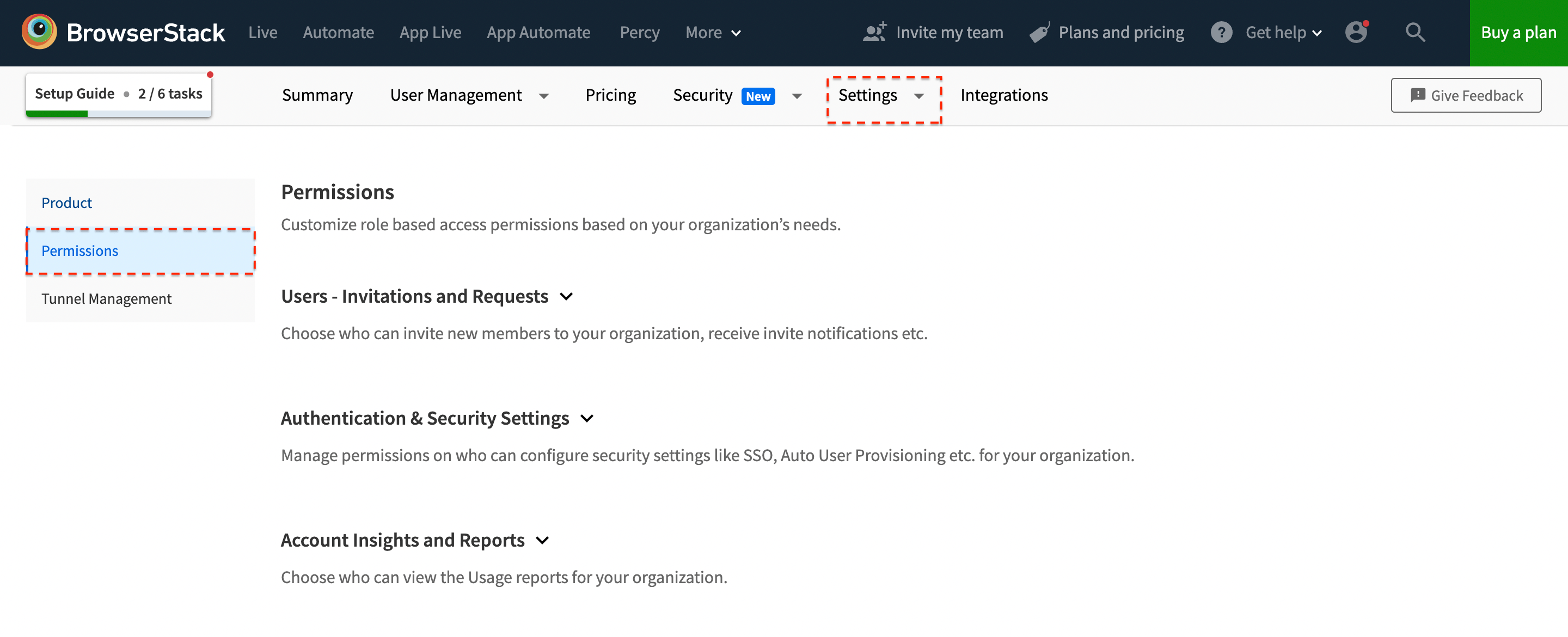 Visit Permissions section in Account