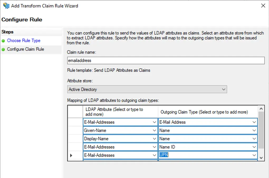 Configure the rule and map LDAP attributes