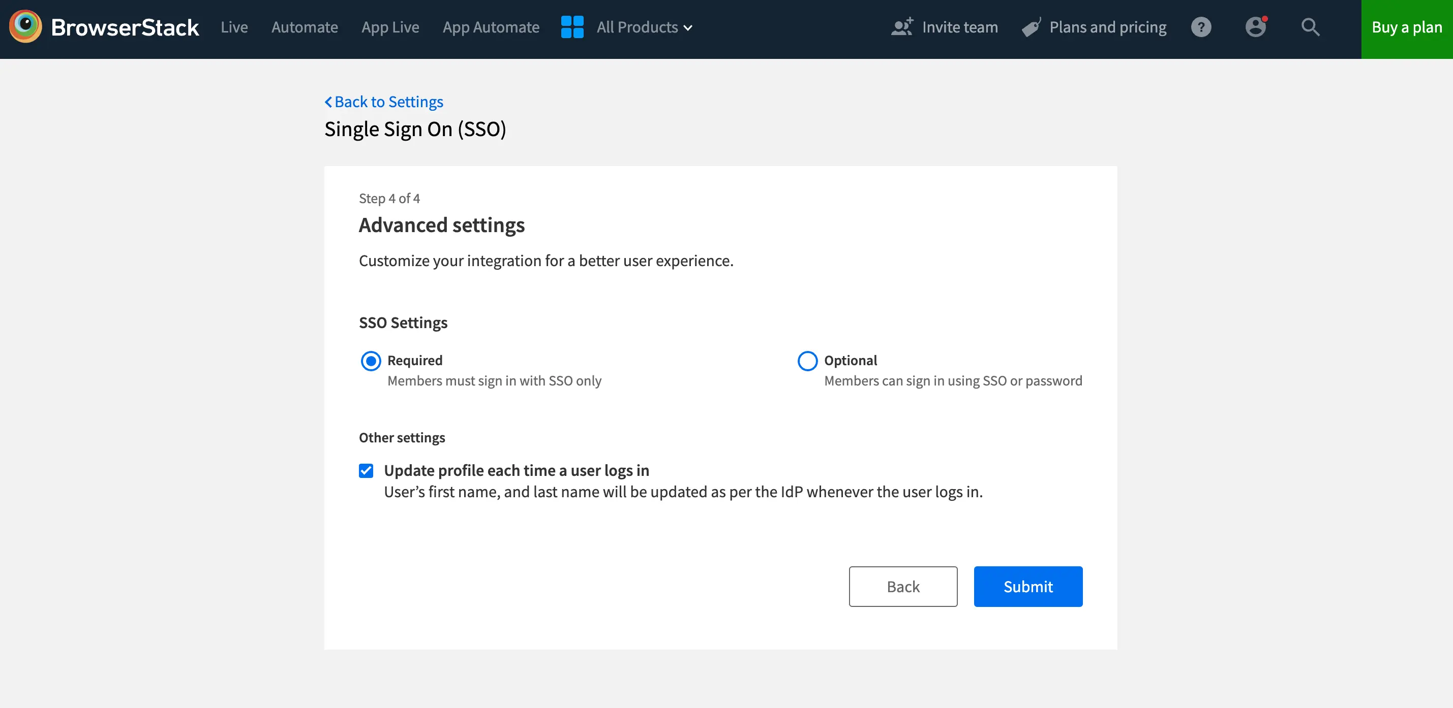 Advanced Setting form in SSO Settings on BrowserStack