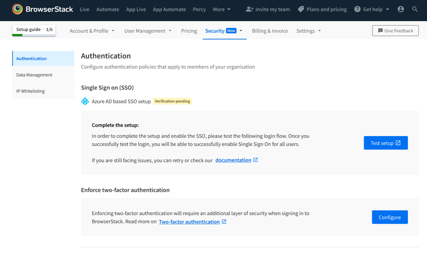 SSO Verification Pending on BrowserStack Account Settings Page