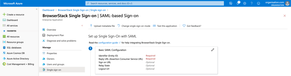 SAML Configuration on Azure AD application