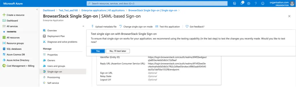 When you get a prompt asking to Test single sign-on using Browserstack single sign-on, click on No, I will test later