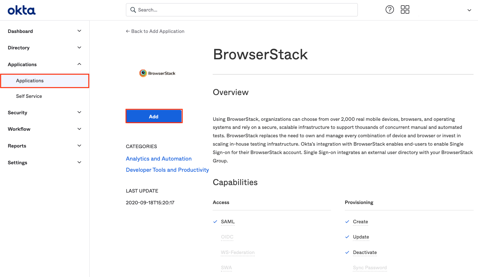 Add browserstack to Okta
