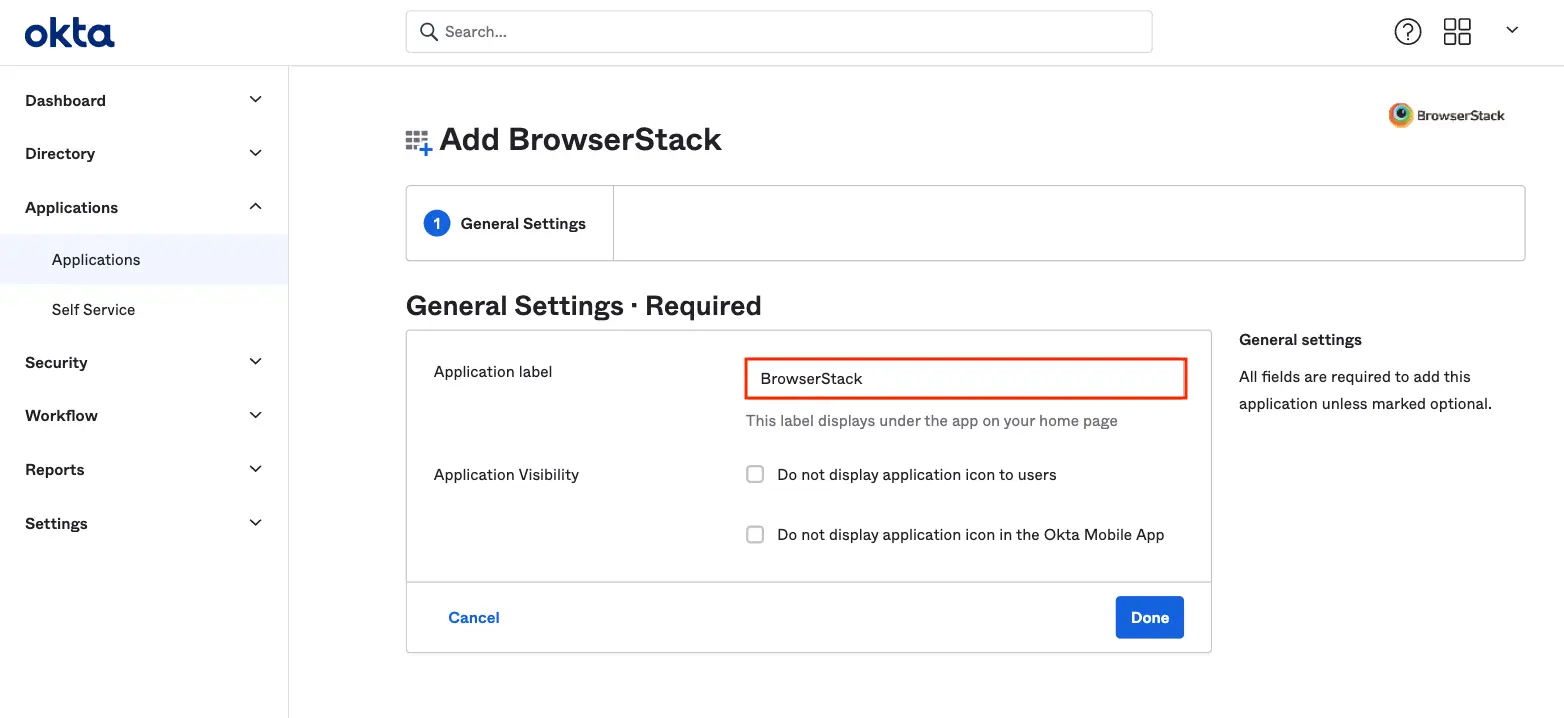Giving Application Label for Browserstack Application on Okta