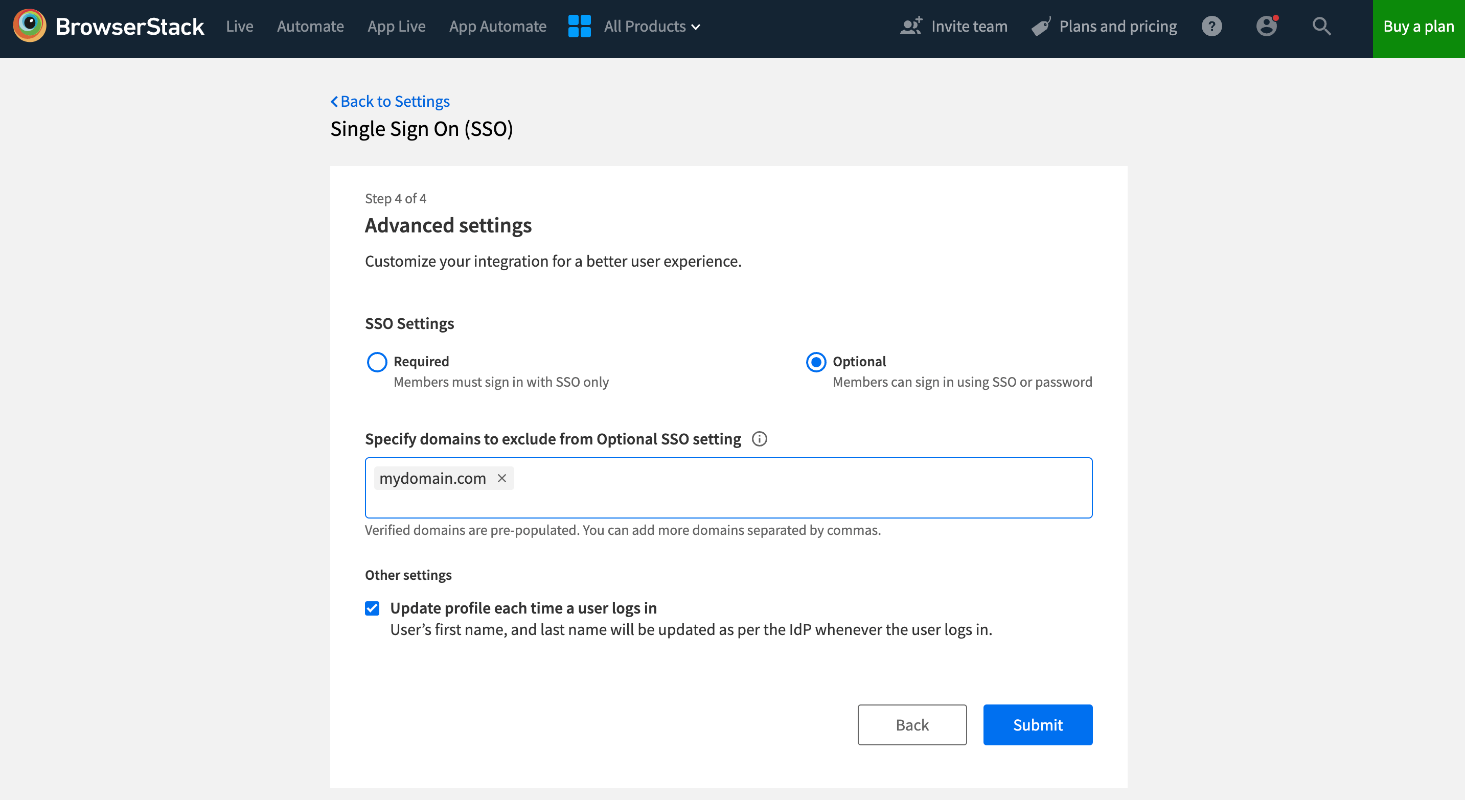 Update profile option in SSO Settings