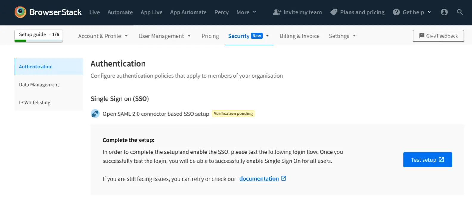 Testing integration on Account Settings Page of BrowserStack