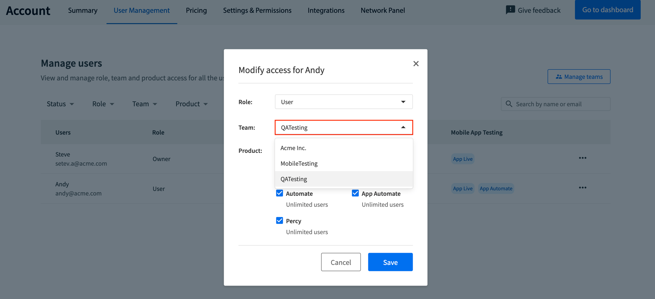 Modify access dialog