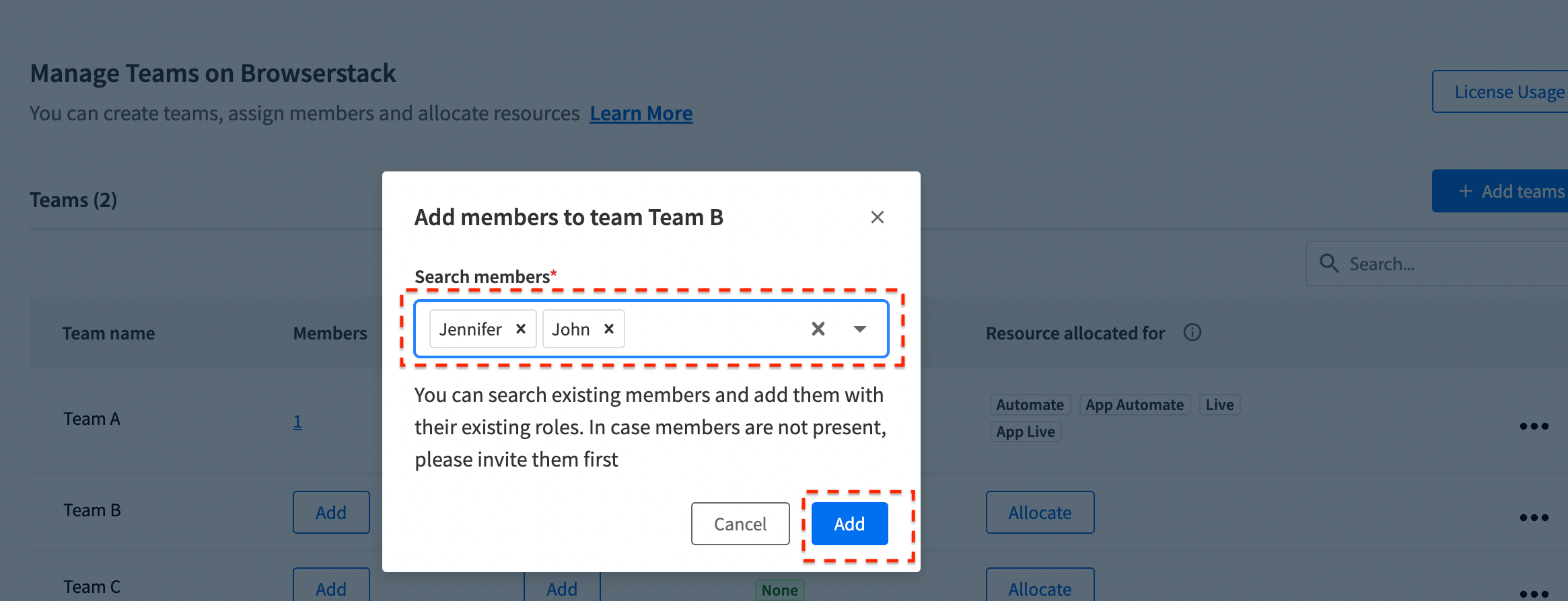 Assign Members to Team Dialog