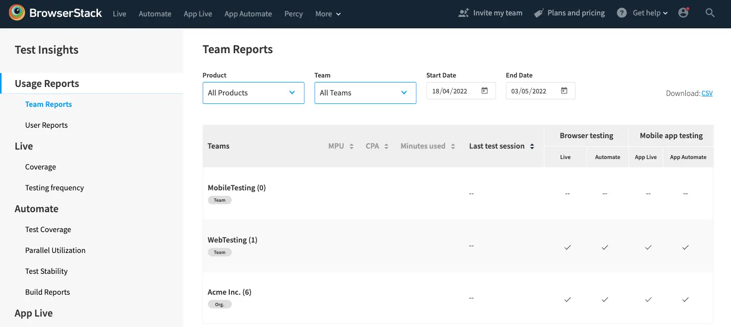 Viewing Team Reports in BrowserStack Test Insights