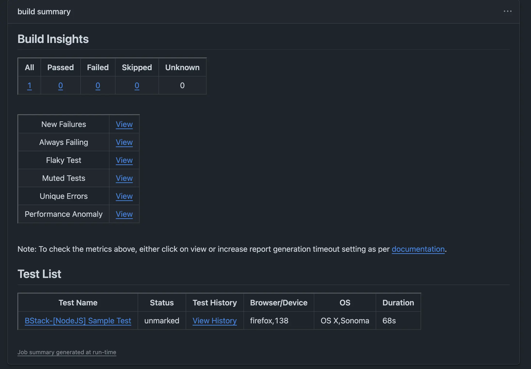 Screenshot of GitHub Actions workflow summary showing the BrowserStack Report step output with test execution details and build information