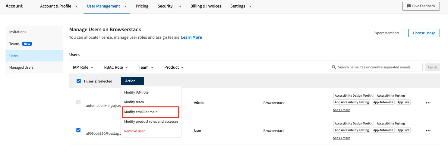 Select Modify email domain from the bulk Action dropdown