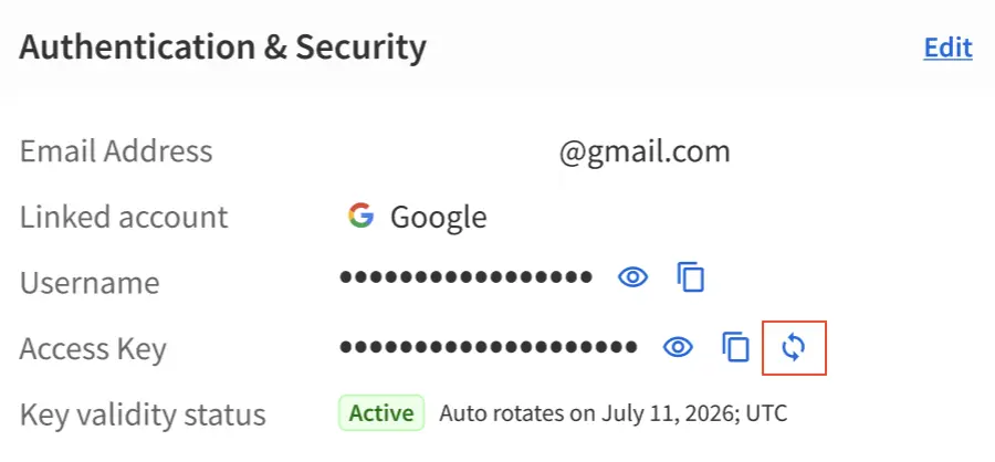 The rotate icon next to the Access Key field in the Authentication and Security section