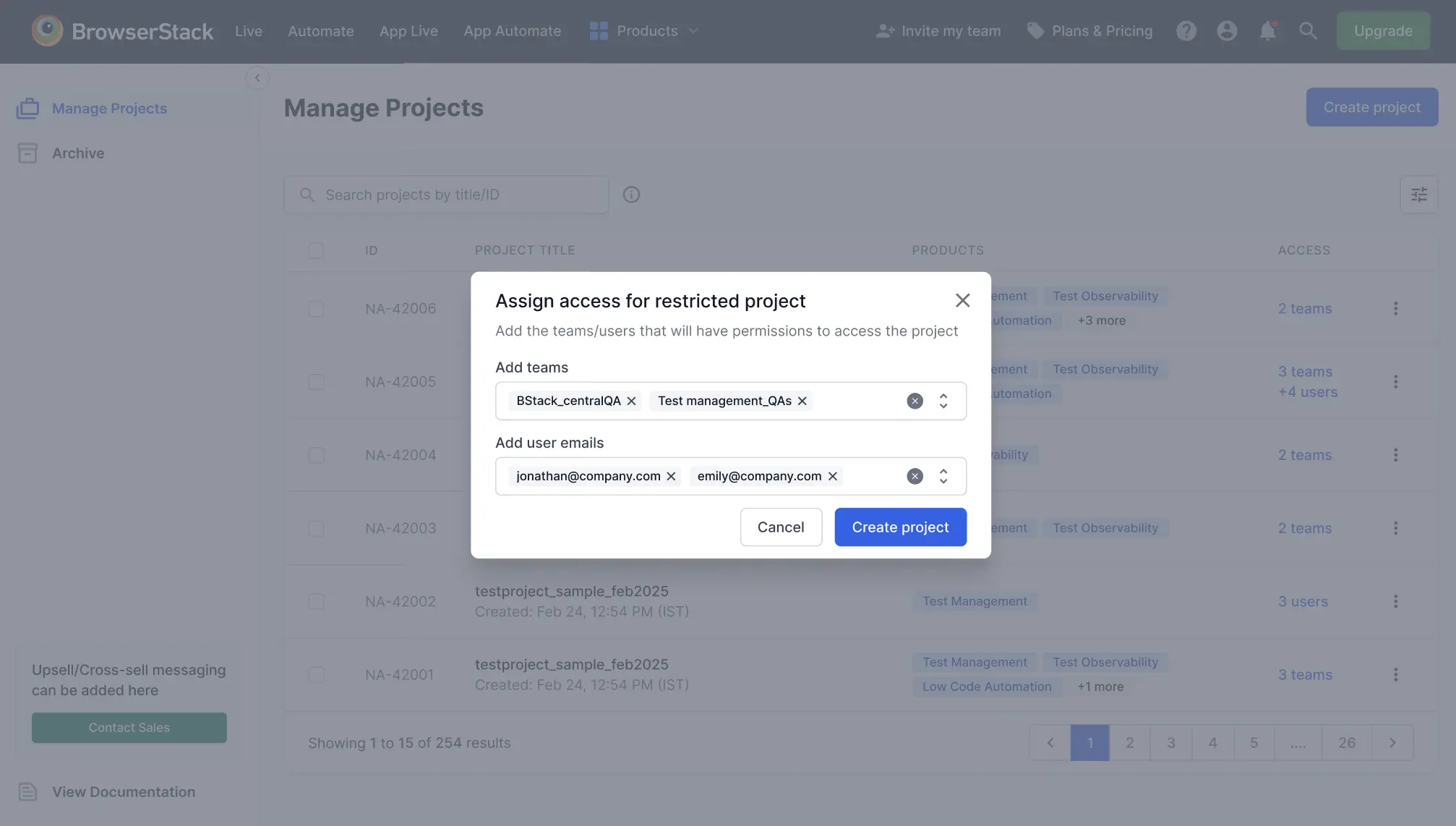 Screenshot showing options to assign teams and users