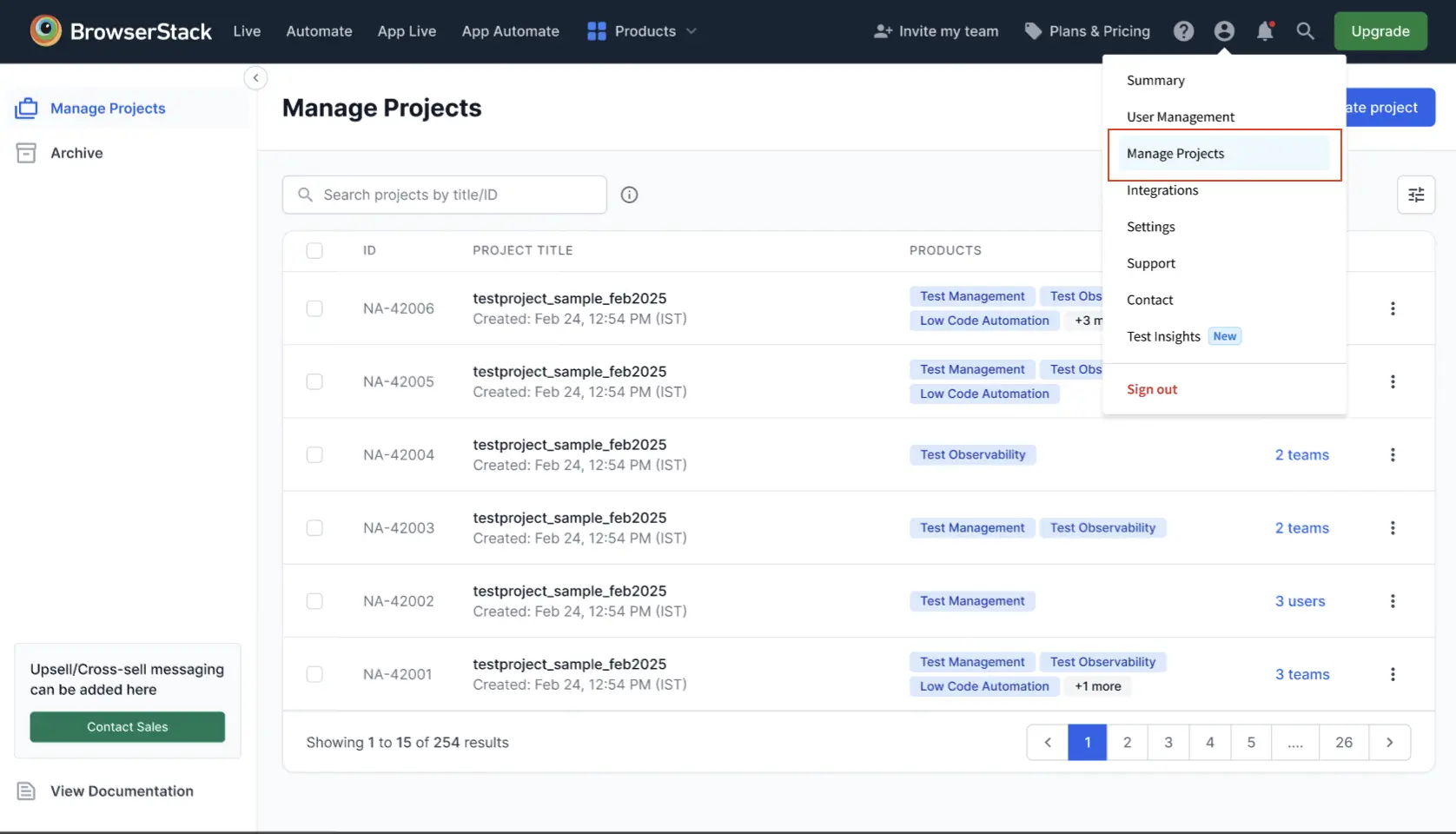 Click Manage Projects