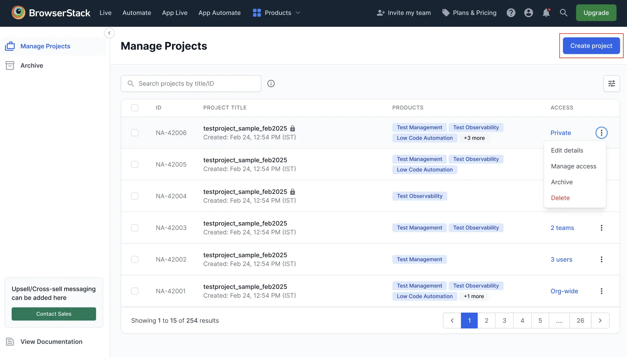 Screenshot showing the Create project button