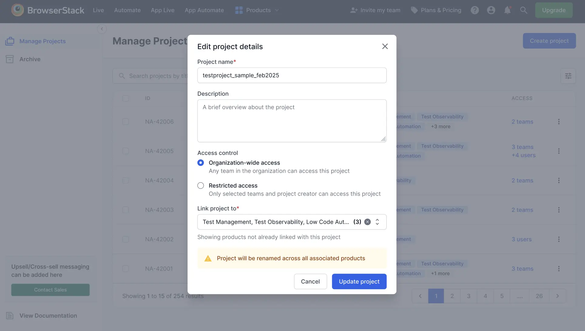 Screenshot showing the edit project details window