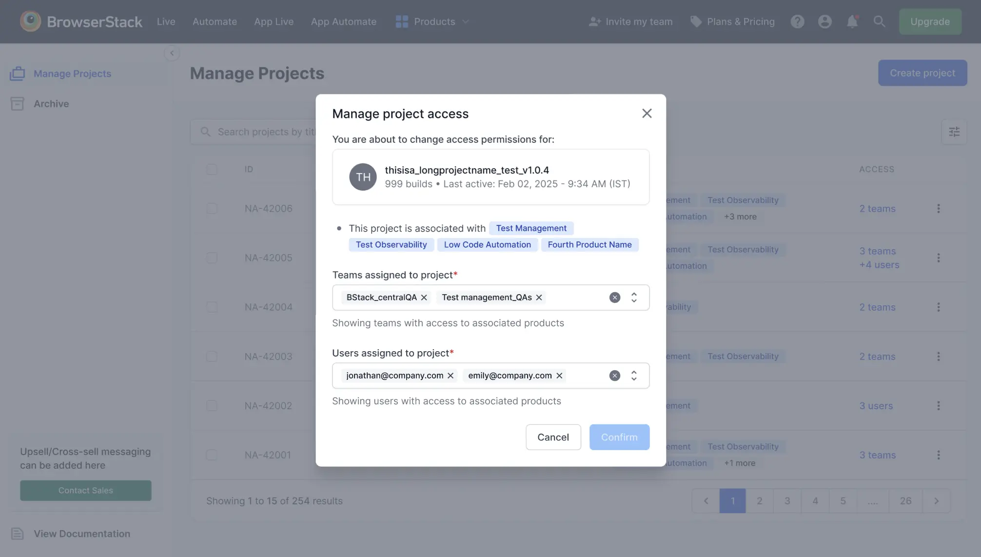 Screenshot showing the manage project access window