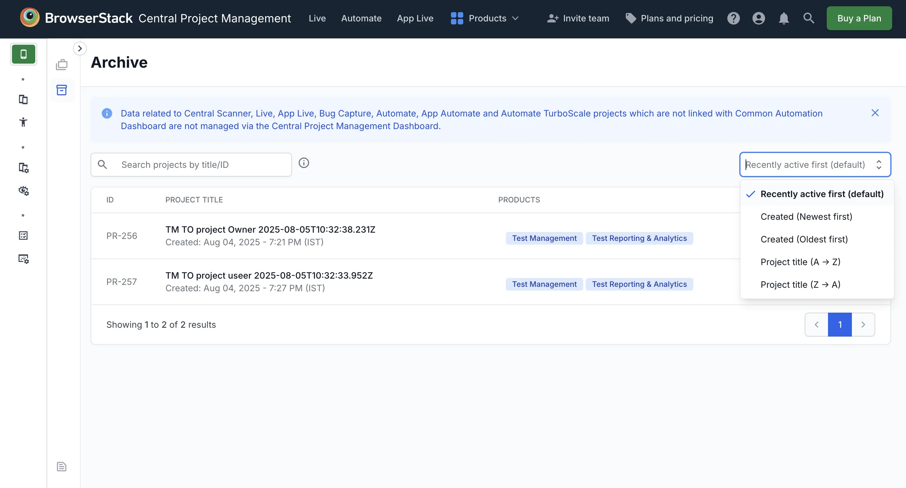 View the options to sort archived projects.