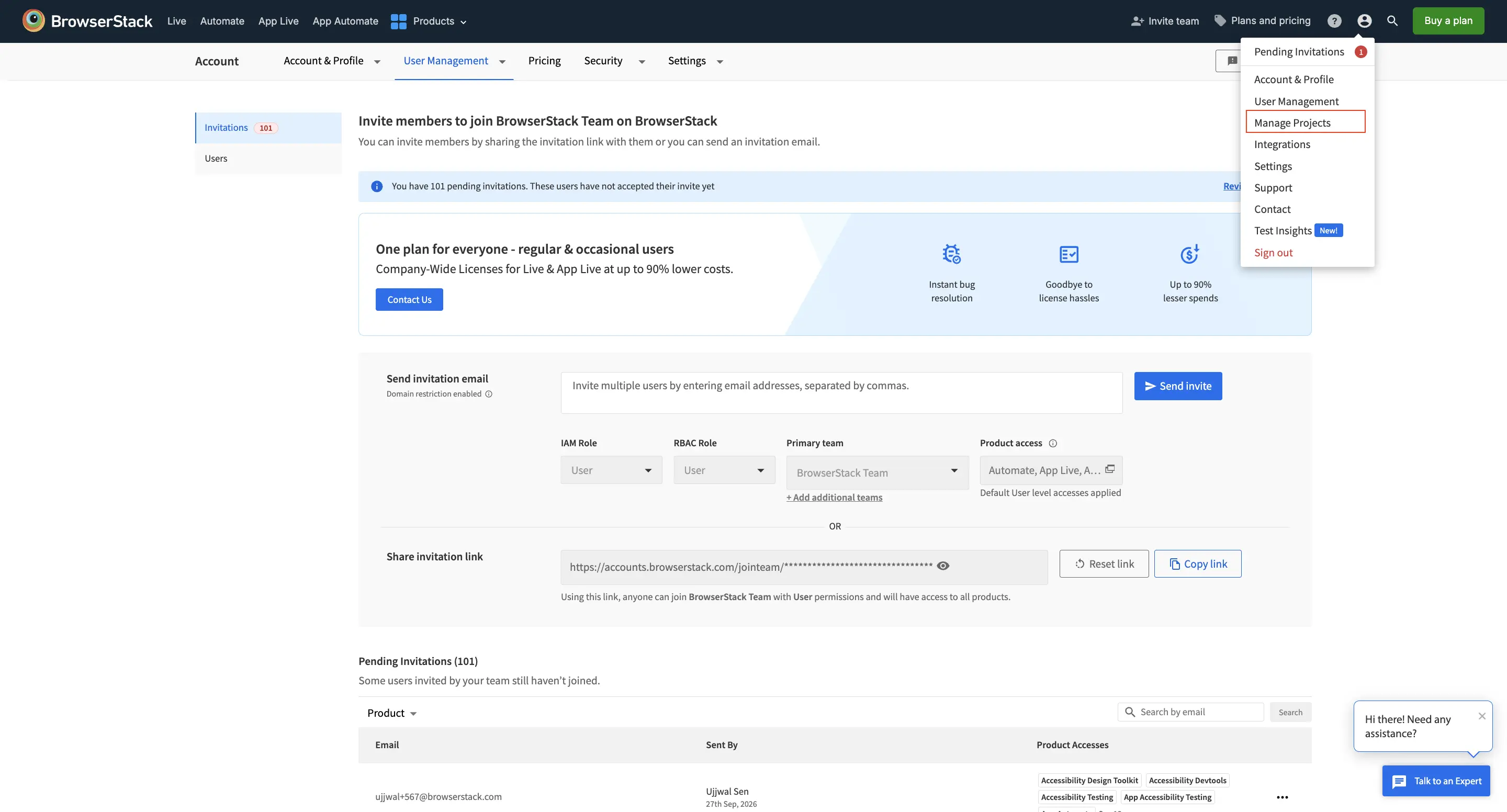 The Manage Projects option in the User Profile menu