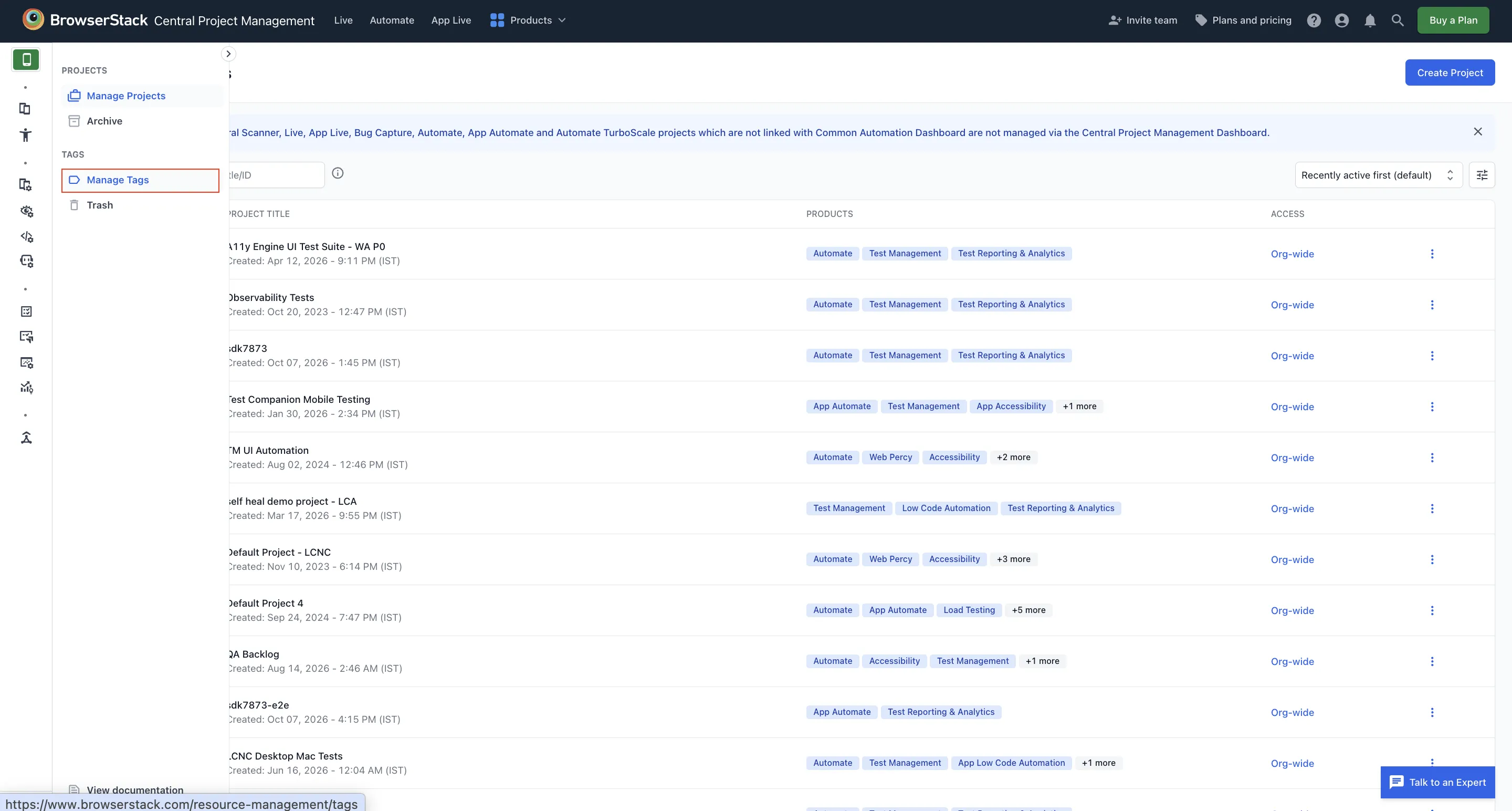The Manage Tags option under Tags in the Central Project Management left navigation