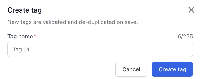 The Create tag dialog with the Tag name field and the Create tag button