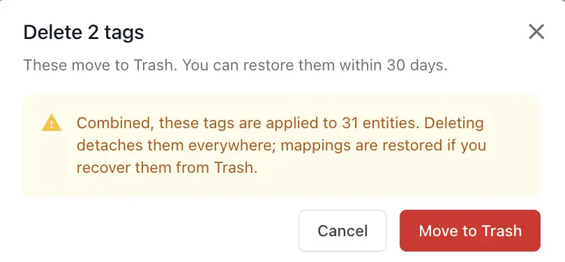 The Delete tag dialog showing the number of entities the tag is applied to