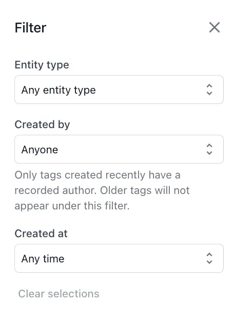 The Filter menu in Tag Manager with the entity type, created by, and created date options