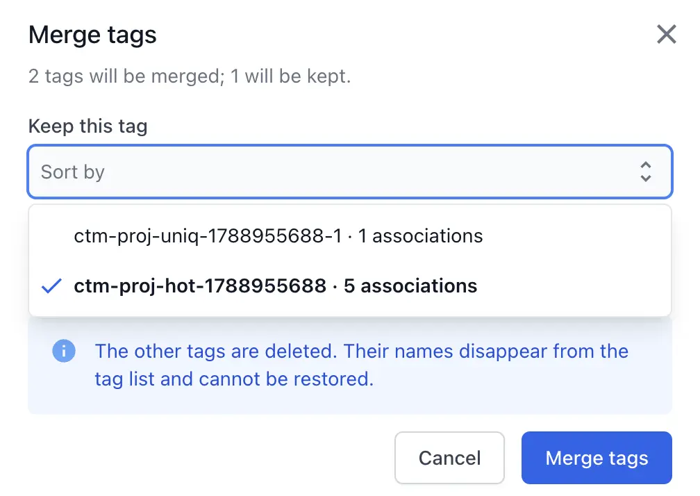 The Merge tags dialog showing the tag to keep and the number of mappings that move onto it
