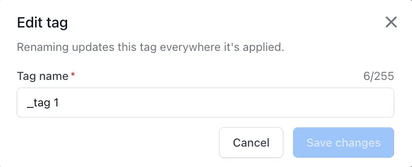 The Edit tag dialog with the Tag name field and the Save changes button
