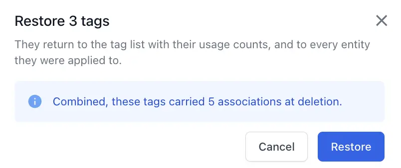 The Restore tags dialog showing the combined number of associations the tags carried at deletion