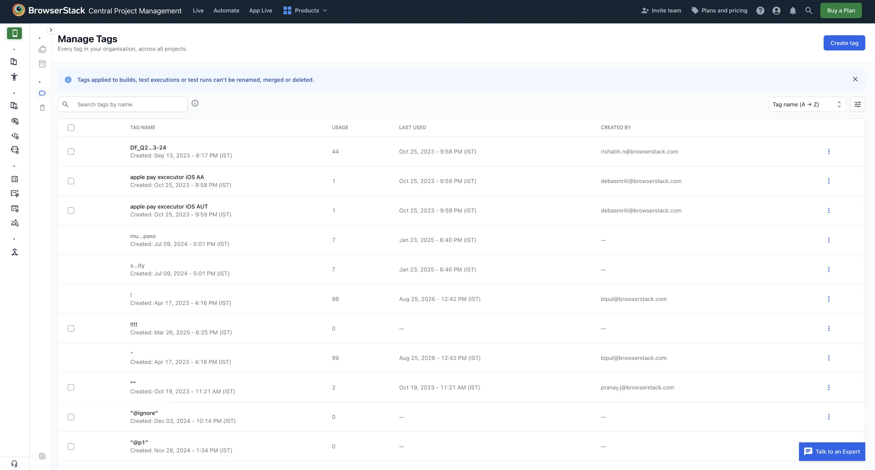 Tag Manager showing the list of tags with usage, last used, and creator details