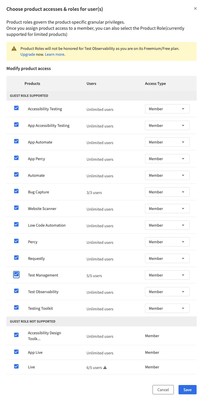 Product access selection window showing a list of products and options to assign Member or Guest access types for each product.