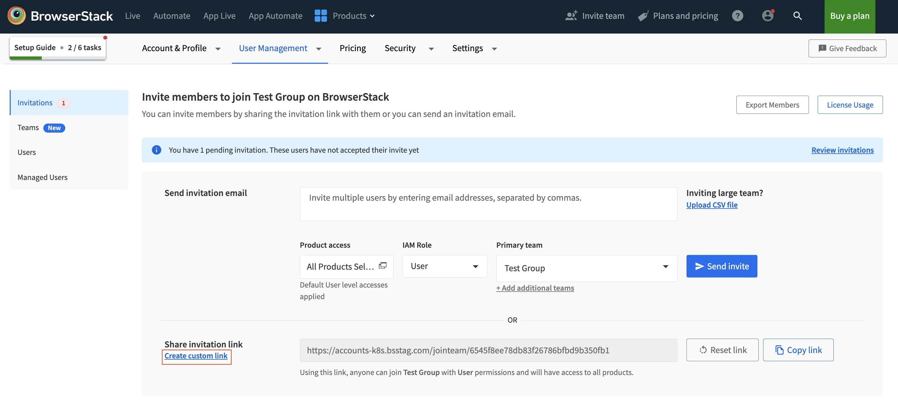 Create custom link option in the Invitations page