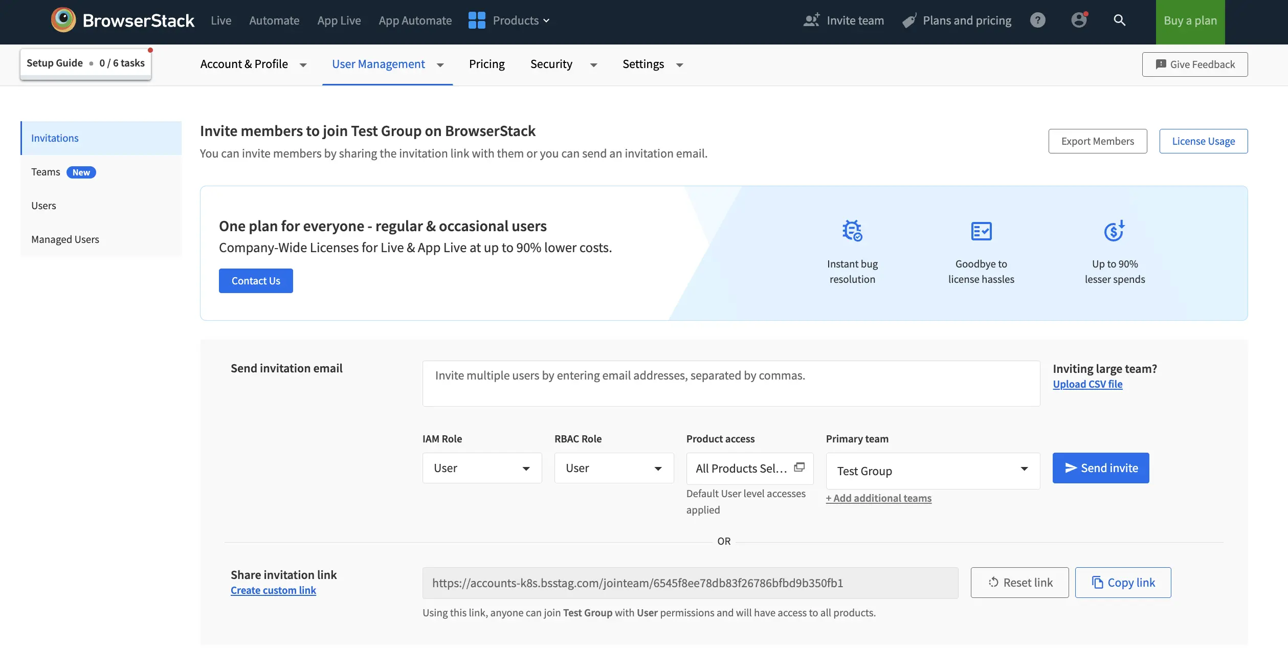 The Invitations tab in User Management, showing options to invite members, set product access and roles, and view pending invitations. The image also shows license usage and license limit warning states.